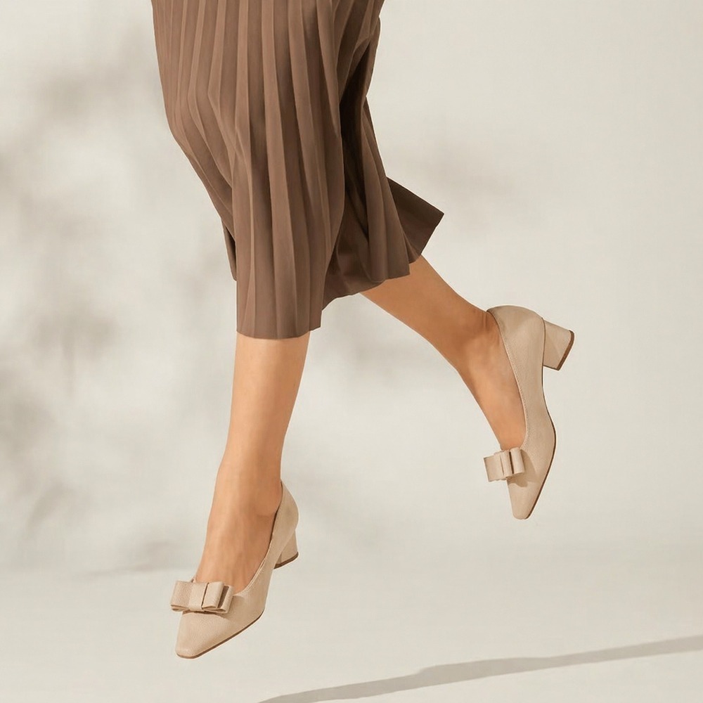 Vivaia Stella Tan‎ Beige Knit Pointed Toe Block Heel Pumps Detachable Bow US 9.5